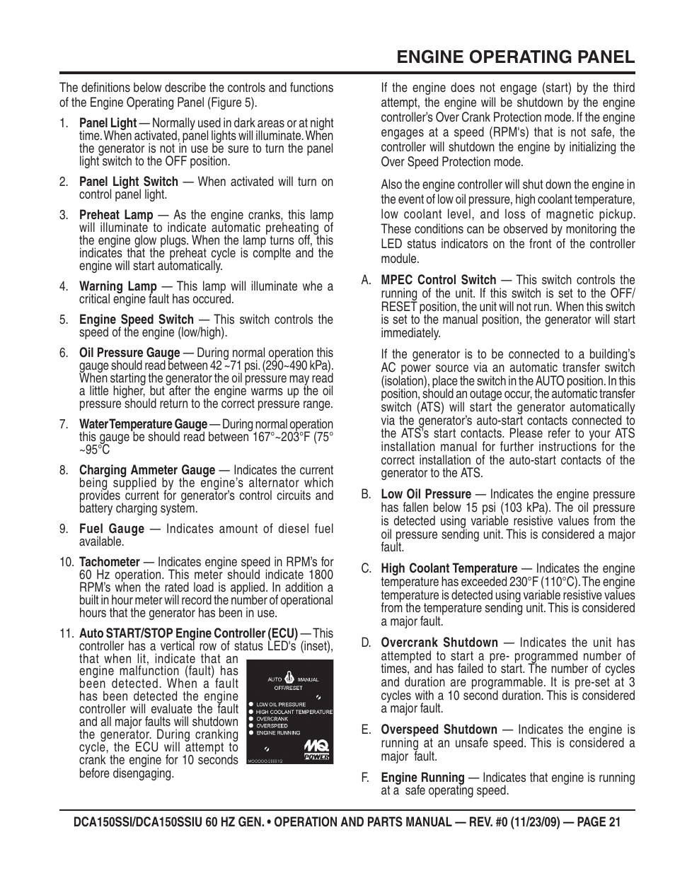 Engine operating panel | Multiquip DCA150SSiU User Manual | Page 21 / 96