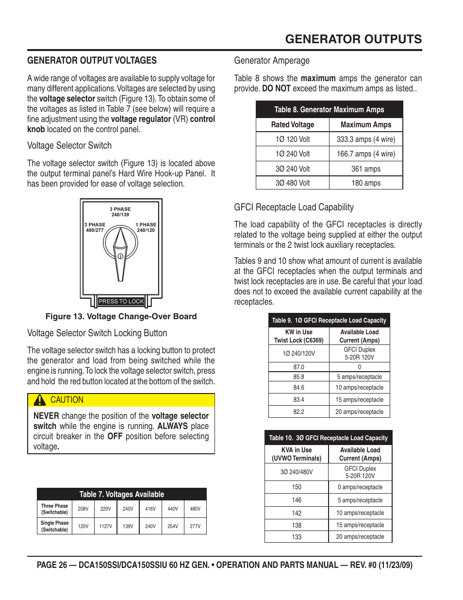 Generator outputs, Generator output voltages, Voltage selector switch | Voltage selector switch locking button, Generator amperage, Gfci receptacle load capability | Multiquip DCA150SSiU User Manual | Page 26 / 96