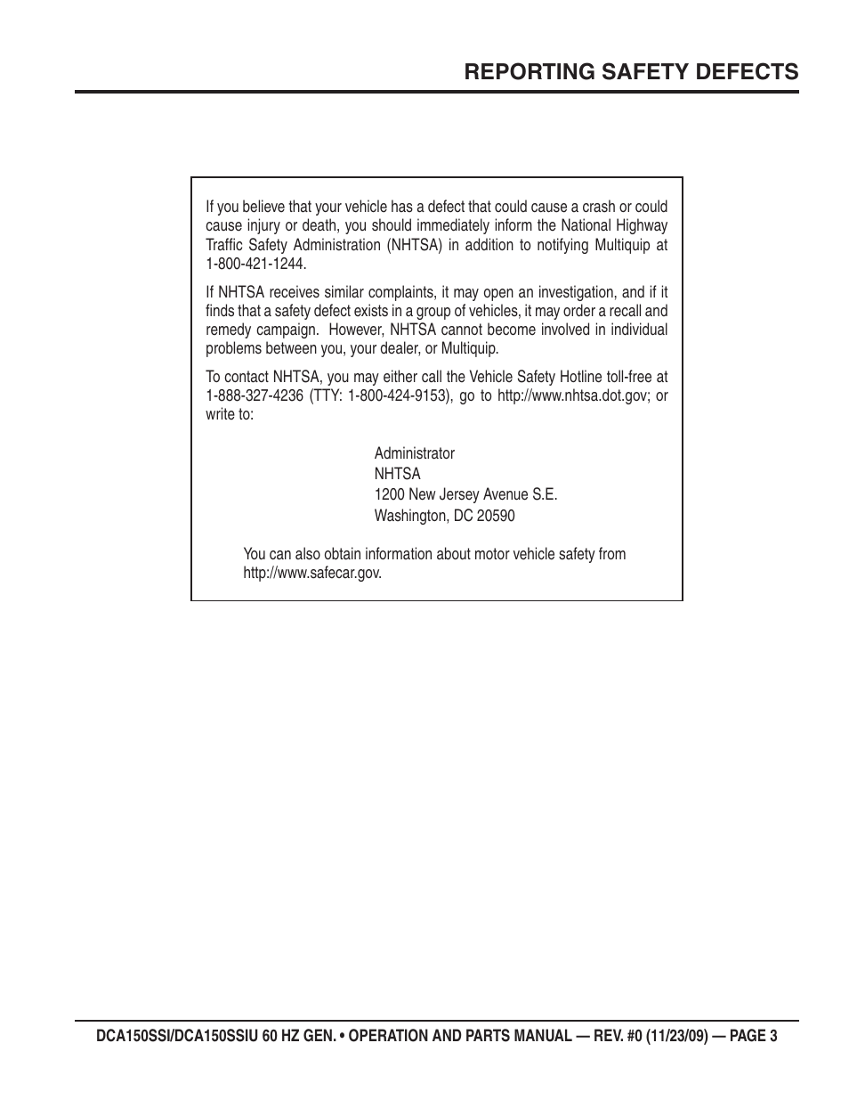 Reporting safety defects | Multiquip DCA150SSiU User Manual | Page 3 / 96