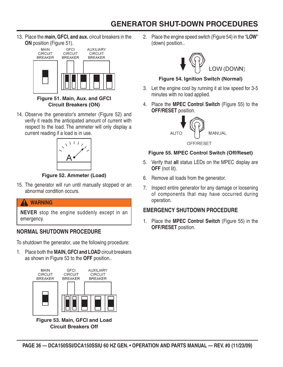 Generator shut-down procedures | Multiquip DCA150SSiU User Manual | Page 36 / 96