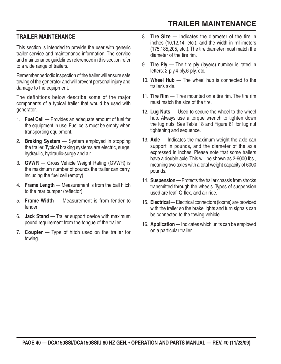 Trailer maintenance | Multiquip DCA150SSiU User Manual | Page 40 / 96