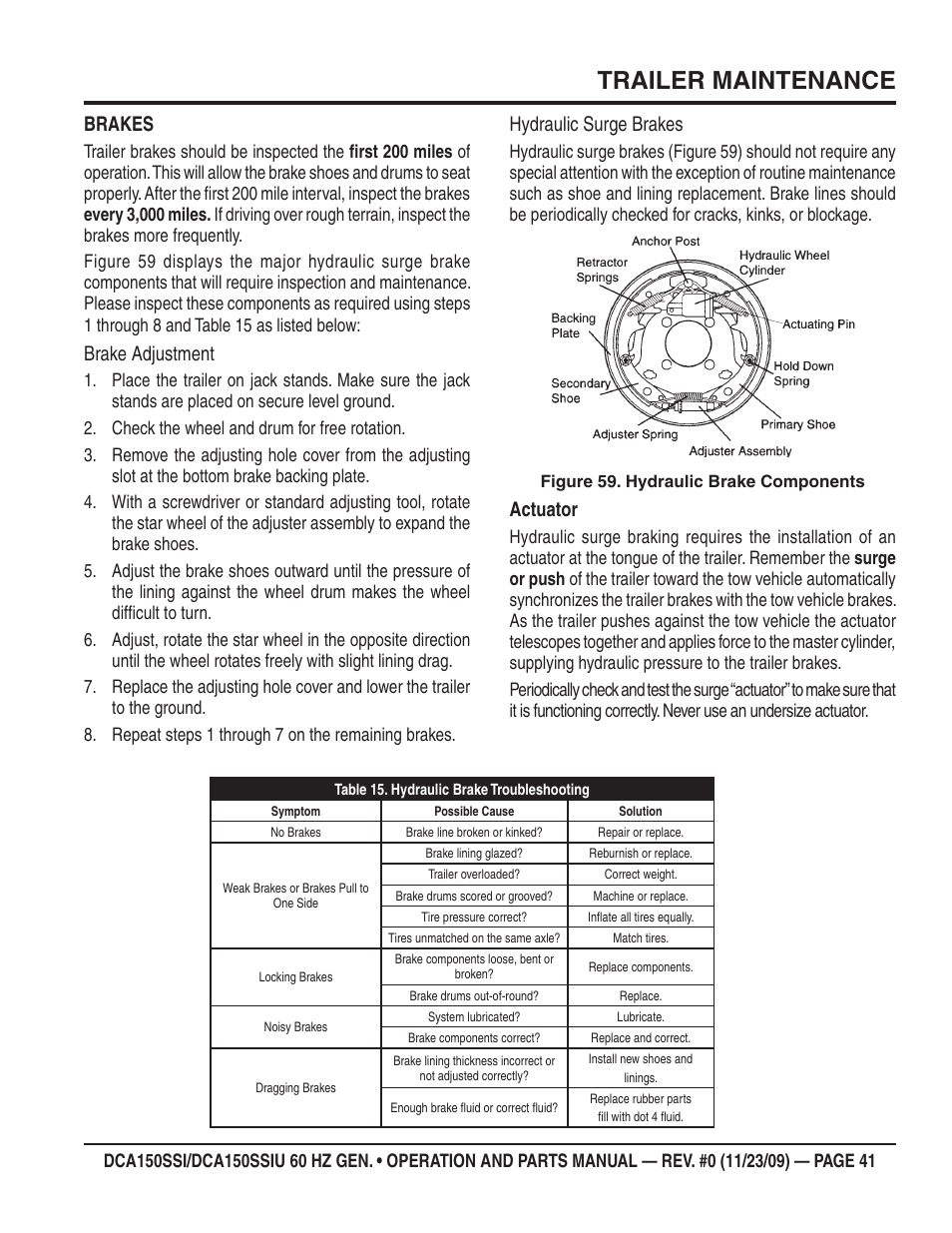 Trailer maintenance, Brakes, Brake adjustment | Hydraulic surge brakes, Actuator | Multiquip DCA150SSiU User Manual | Page 41 / 96