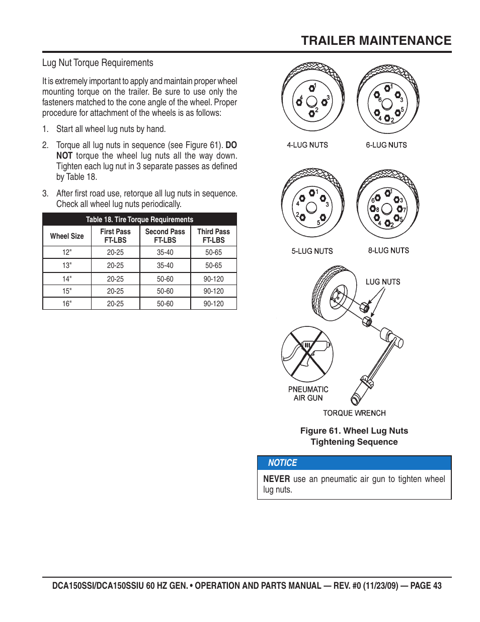 Trailer maintenance, Lug nut torque requirements | Multiquip DCA150SSiU User Manual | Page 43 / 96
