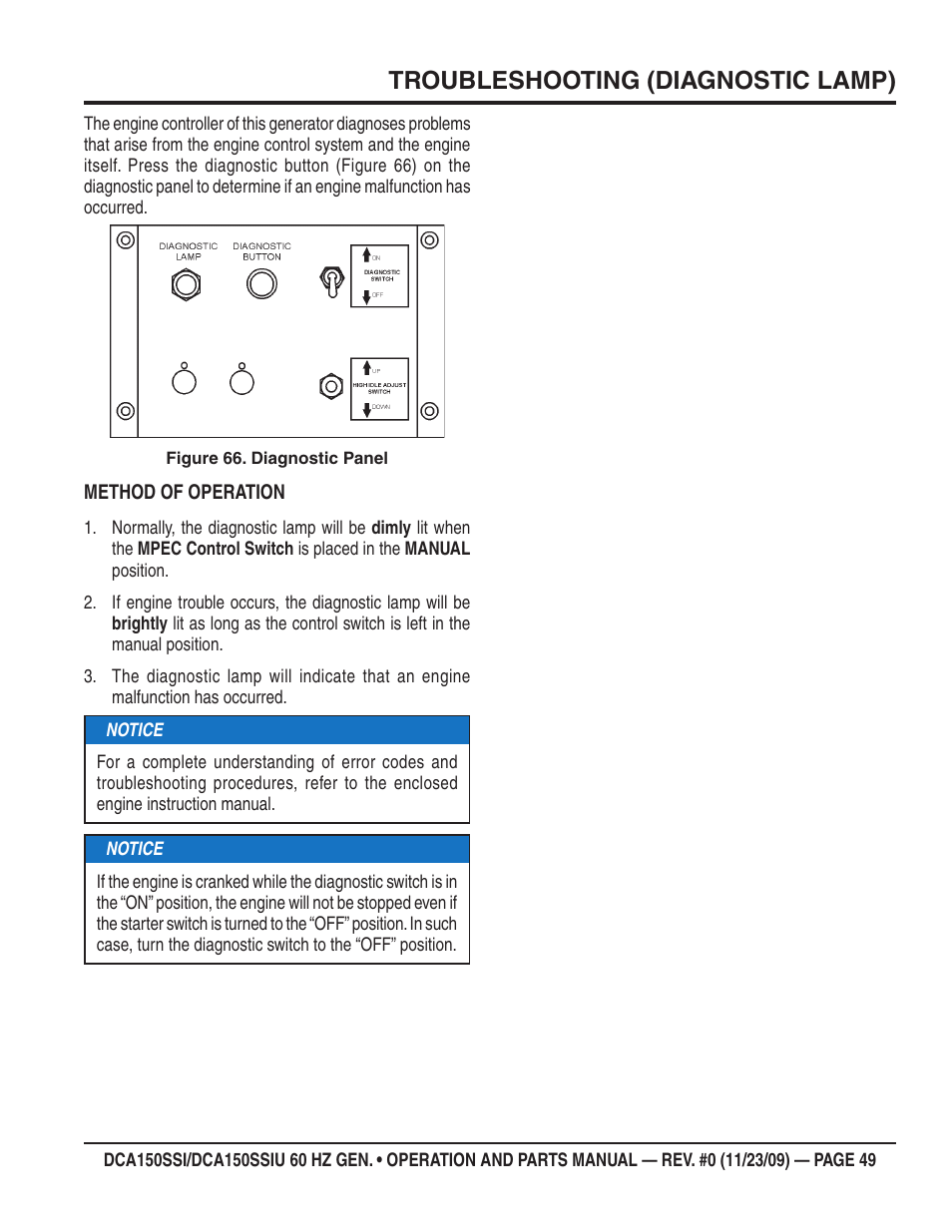 Troubleshooting (diagnostic lamp) | Multiquip DCA150SSiU User Manual | Page 49 / 96