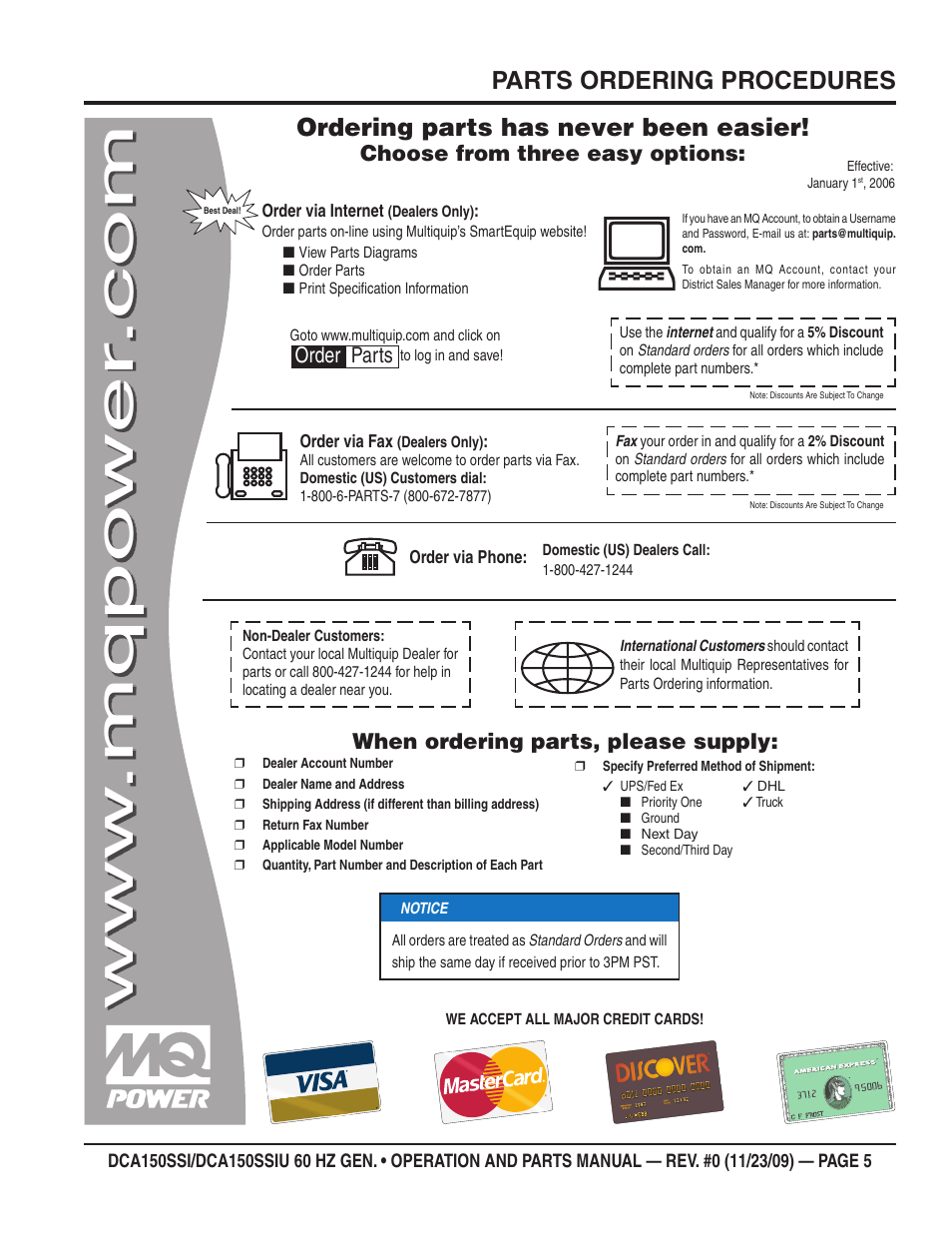 Parts ordering procedures, Ordering parts has never been easier, Choose from three easy options | When ordering parts, please supply, Order parts | Multiquip DCA150SSiU User Manual | Page 5 / 96