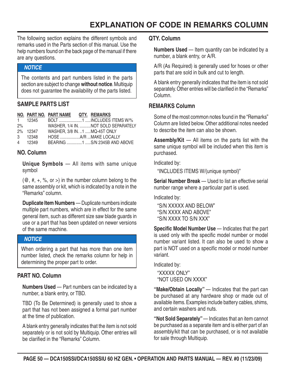 Explanation of code in remarks column | Multiquip DCA150SSiU User Manual | Page 50 / 96