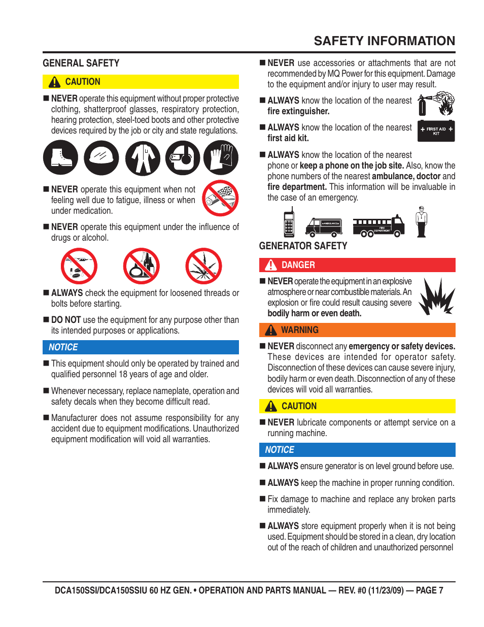 Safety information | Multiquip DCA150SSiU User Manual | Page 7 / 96