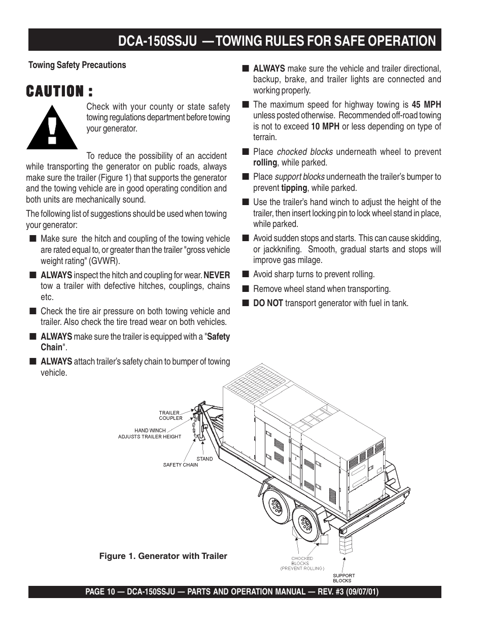 Caution, Dca-150ssju — towing rules for safe operation | Multiquip DCA150SSJU2 User Manual | Page 10 / 100