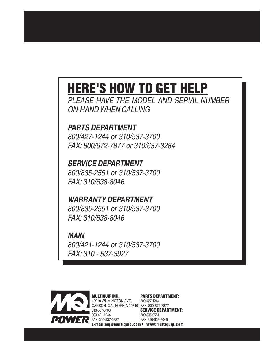 Here's how to get help | Multiquip DCA150SSJU2 User Manual | Page 100 / 100
