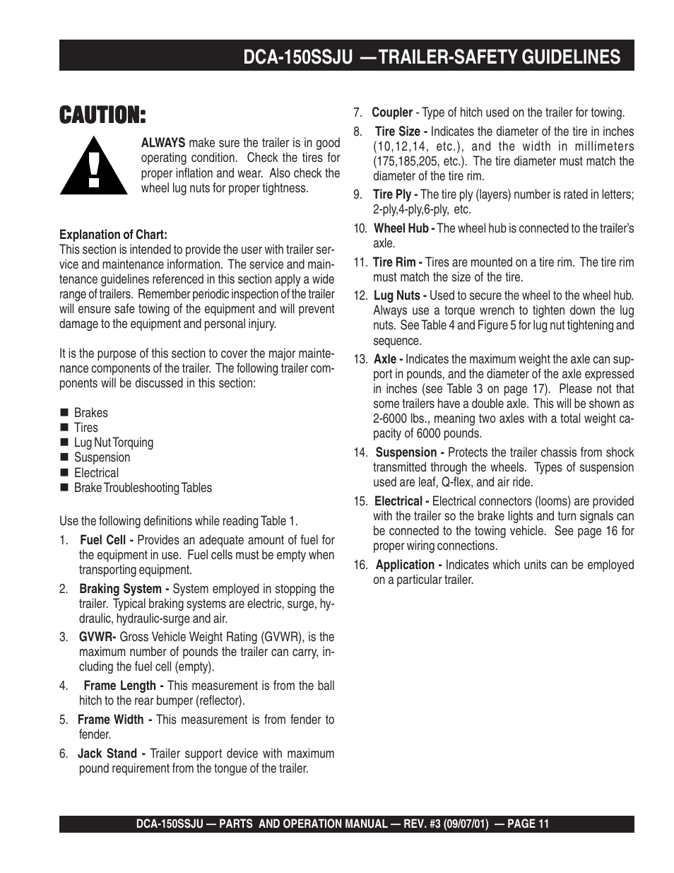 Caution, Dca-150ssju — trailer-safety guidelines | Multiquip DCA150SSJU2 User Manual | Page 11 / 100