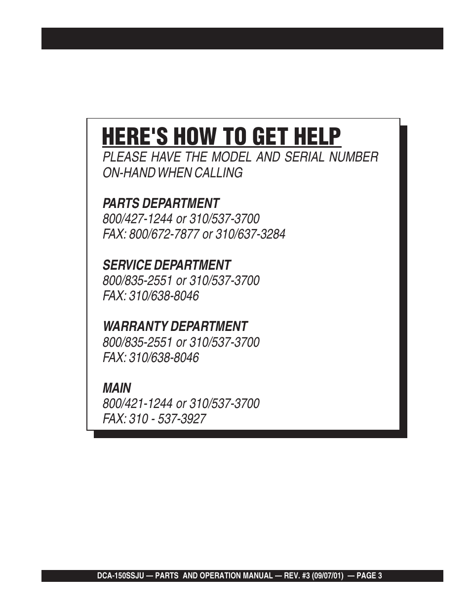 Here's how to get help | Multiquip DCA150SSJU2 User Manual | Page 3 / 100
