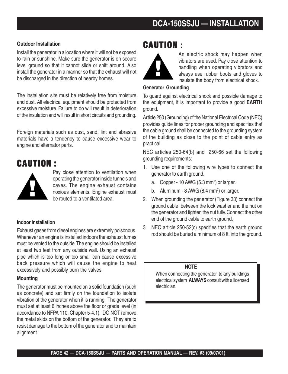 Caution, Caution caution, Dca-150ssju — installation | Multiquip DCA150SSJU2 User Manual | Page 42 / 100