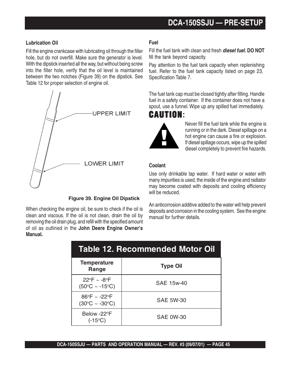 Dca-150ssju — pre-setup, Caution, Caution caution | Multiquip DCA150SSJU2 User Manual | Page 45 / 100