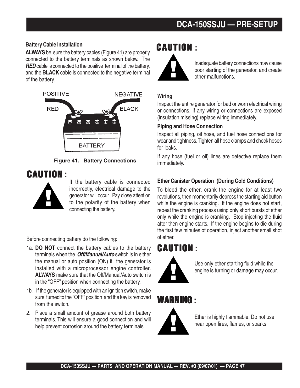 Dca-150ssju — pre-setup, Caution, Caution caution | Warning, Warning warning | Multiquip DCA150SSJU2 User Manual | Page 47 / 100