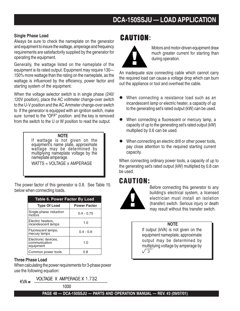 Dca-150ssju — load application, Caution, Caution caution | Multiquip DCA150SSJU2 User Manual | Page 48 / 100
