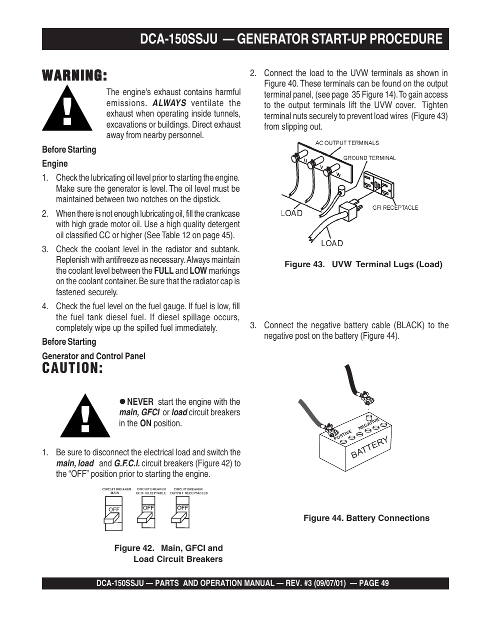 Warning, Caution, Dca-150ssju — generator start-up procedure | Multiquip DCA150SSJU2 User Manual | Page 49 / 100