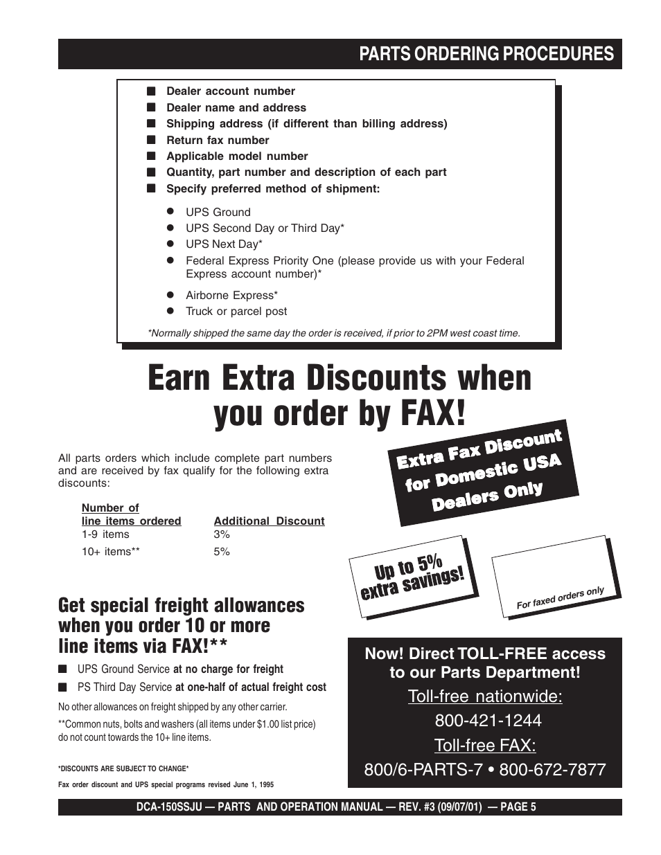 Earn extra discounts when you order by fax, Ups special | Multiquip DCA150SSJU2 User Manual | Page 5 / 100