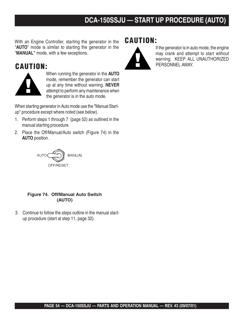 Caution, Dca-150ssju — start up procedure (auto) | Multiquip DCA150SSJU2 User Manual | Page 54 / 100