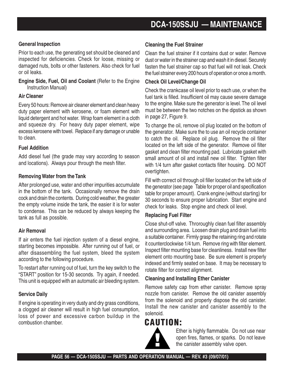 Dca-150ssju — maintenance, Caution | Multiquip DCA150SSJU2 User Manual | Page 56 / 100