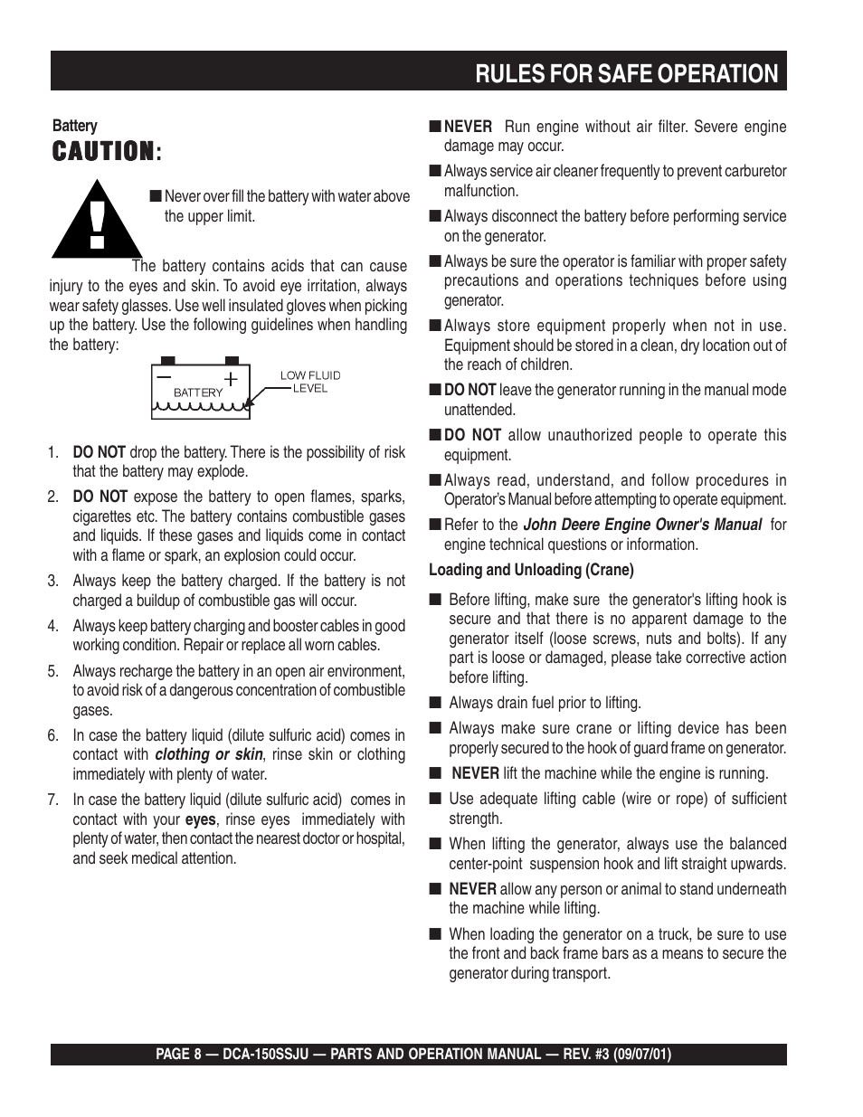 Rules for safe operation, Caution, Caution caution | Multiquip DCA150SSJU2 User Manual | Page 8 / 100