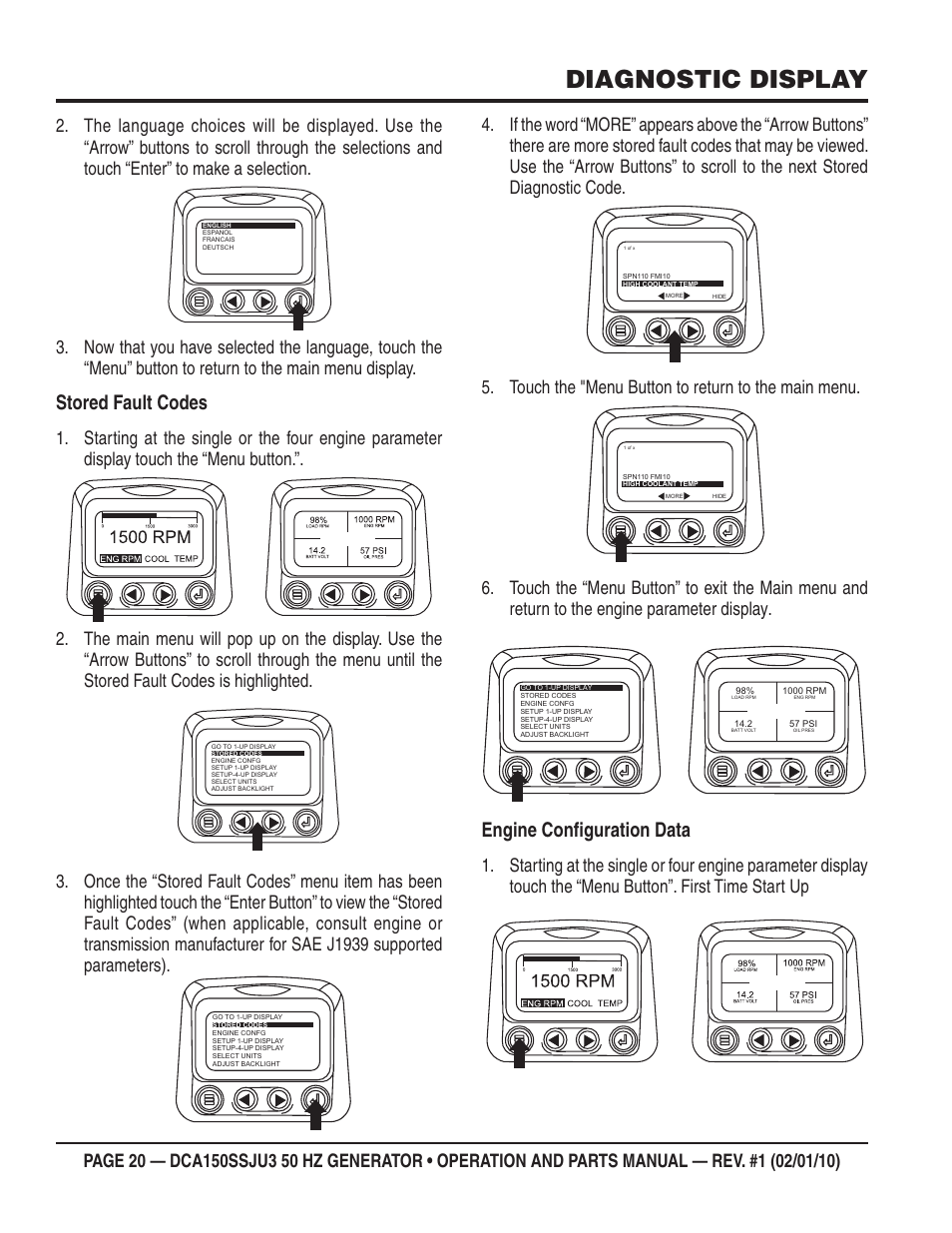 Diagnostic display, Stored fault codes, Engine confi guration data | Multiquip DCA150SSJU3 User Manual | Page 20 / 102