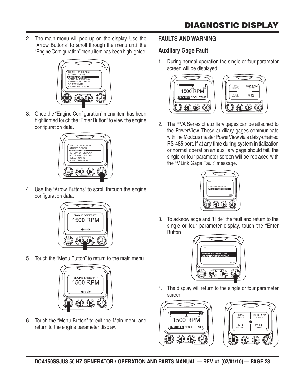 Diagnostic display, Faults and warning auxiliary gage fault | Multiquip DCA150SSJU3 User Manual | Page 23 / 102