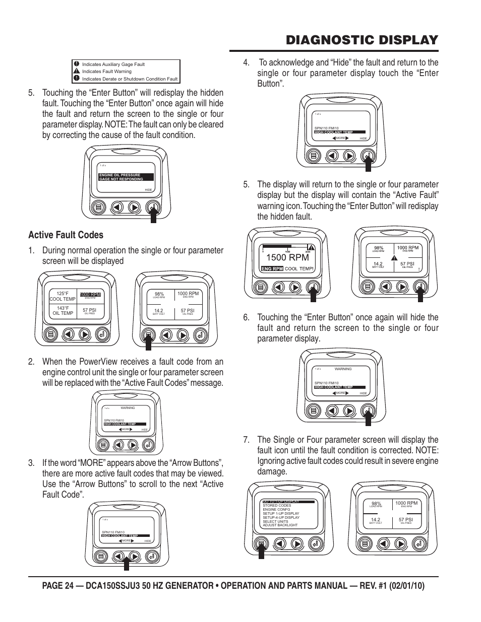 Diagnostic display, Active fault codes | Multiquip DCA150SSJU3 User Manual | Page 24 / 102