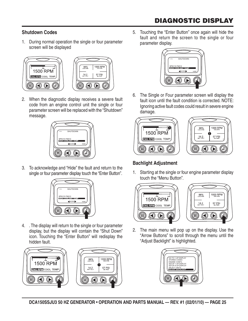 Diagnostic display, Shutdown codes, Bachlight adjustment | Multiquip DCA150SSJU3 User Manual | Page 25 / 102
