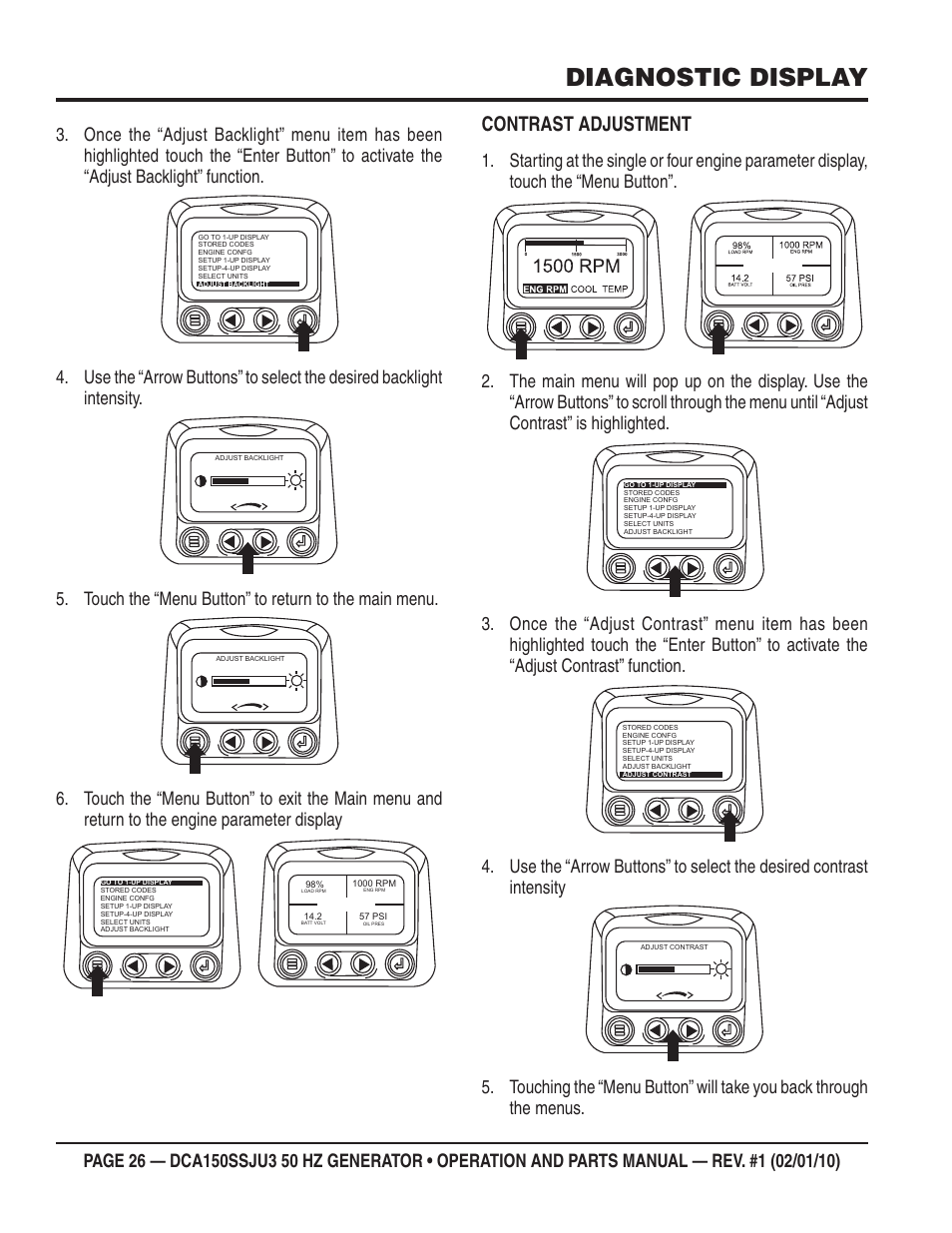 Diagnostic display, Contrast adjustment | Multiquip DCA150SSJU3 User Manual | Page 26 / 102