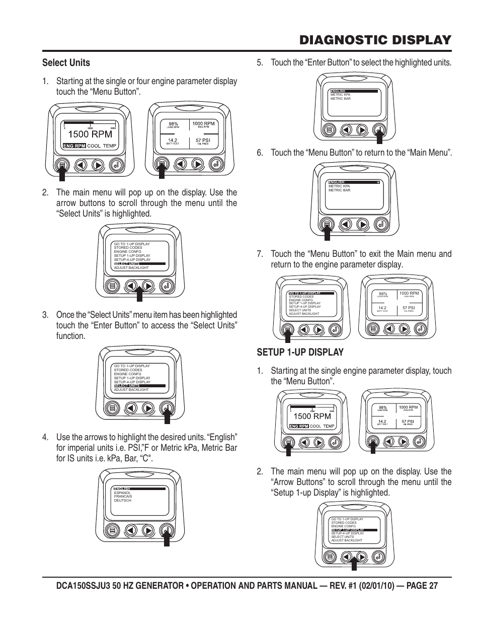 Diagnostic display, Select units, Setup 1-up display | Multiquip DCA150SSJU3 User Manual | Page 27 / 102