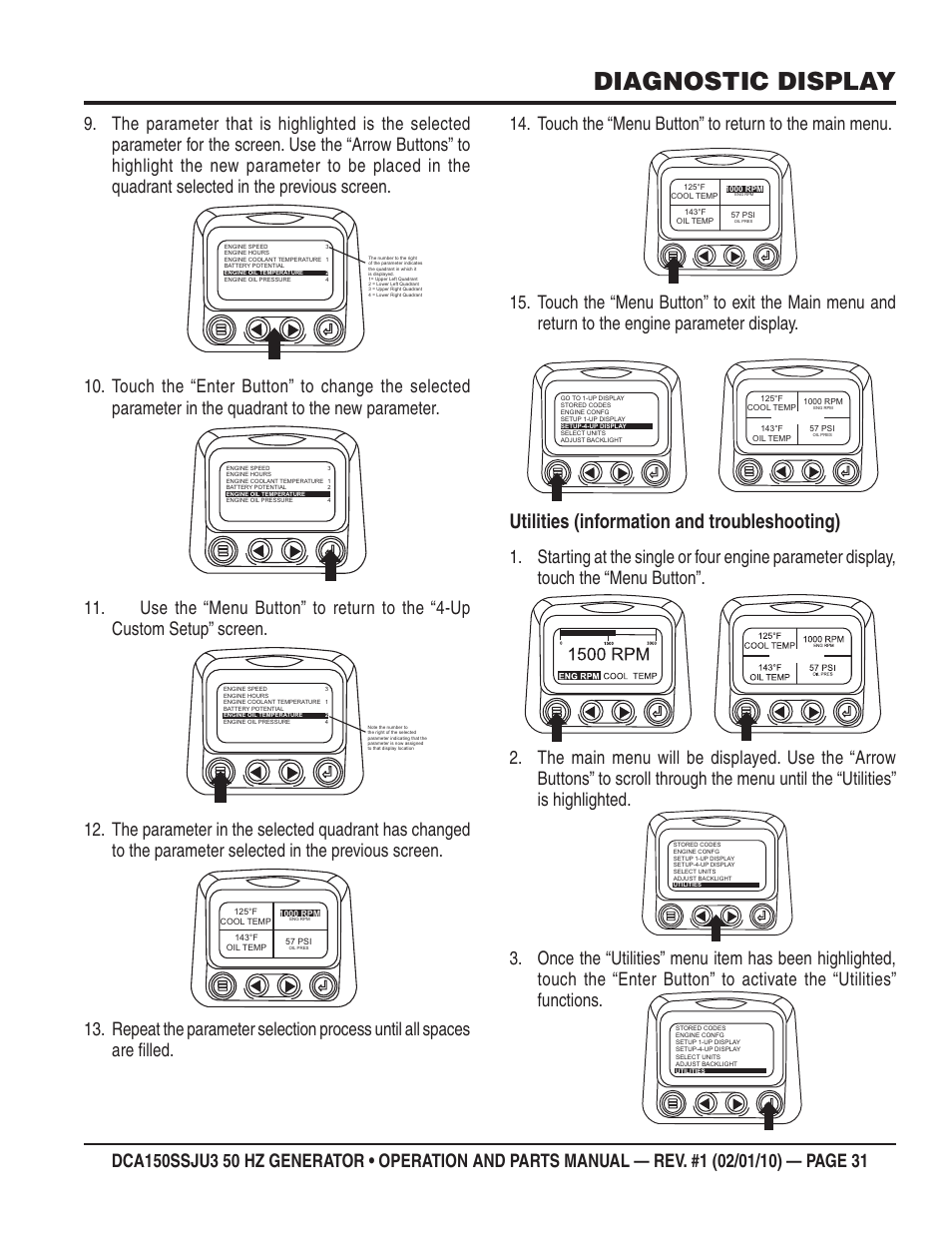 Diagnostic display, Utilities (information and troubleshooting) | Multiquip DCA150SSJU3 User Manual | Page 31 / 102
