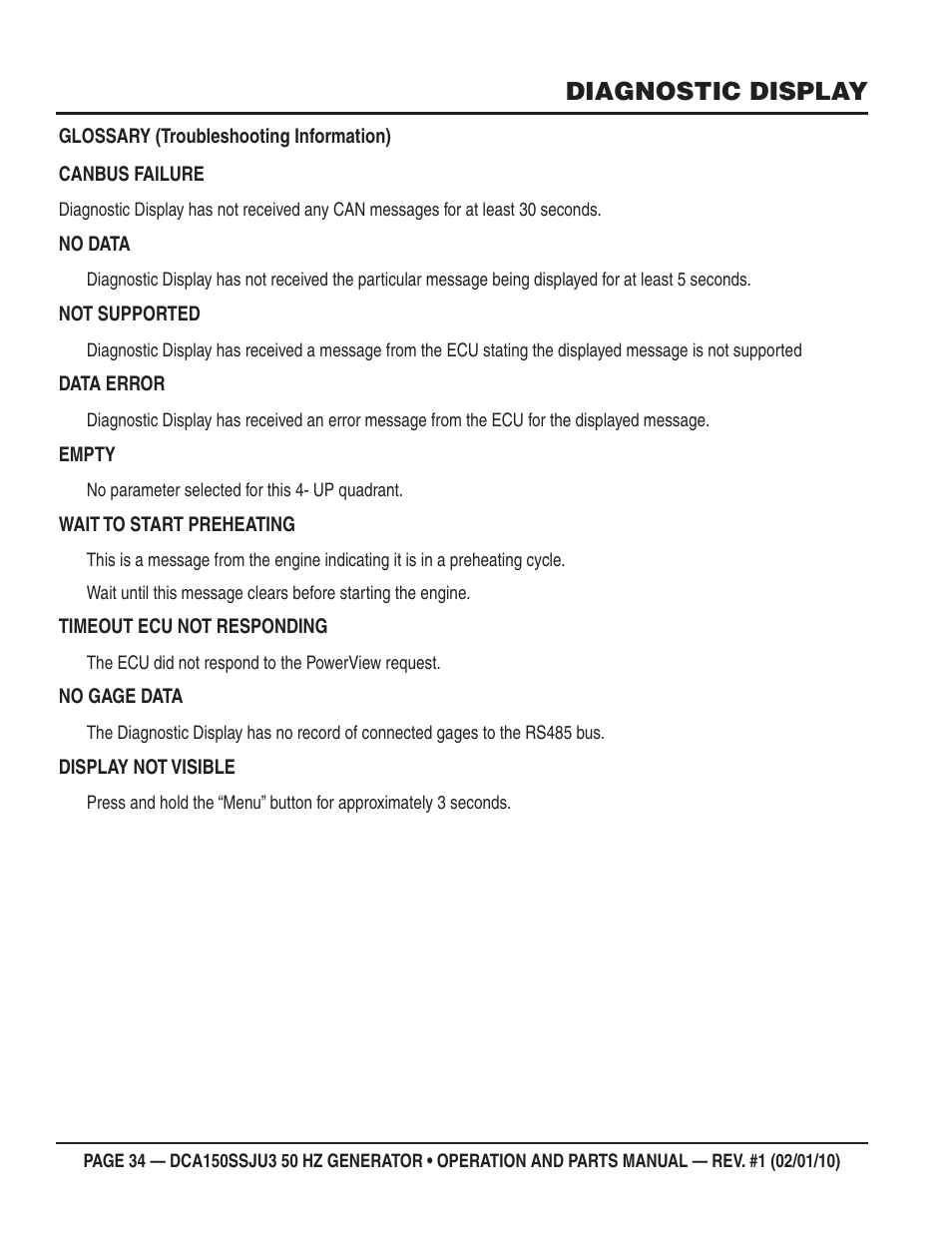 Diagnostic display | Multiquip DCA150SSJU3 User Manual | Page 34 / 102