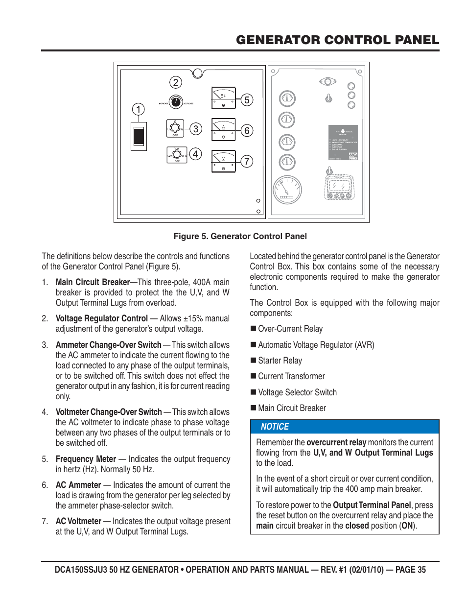 Generator control panel | Multiquip DCA150SSJU3 User Manual | Page 35 / 102