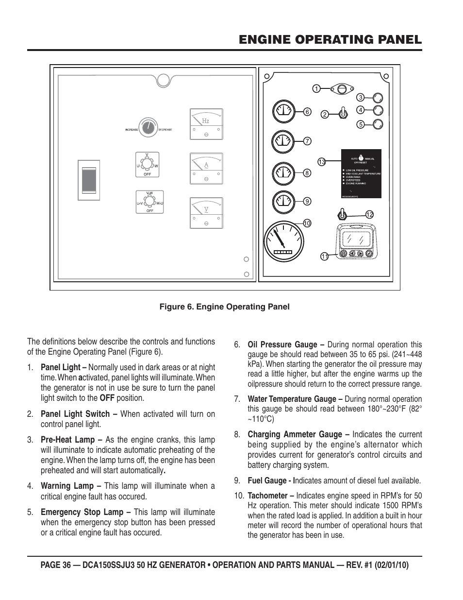 Engine operating panel | Multiquip DCA150SSJU3 User Manual | Page 36 / 102