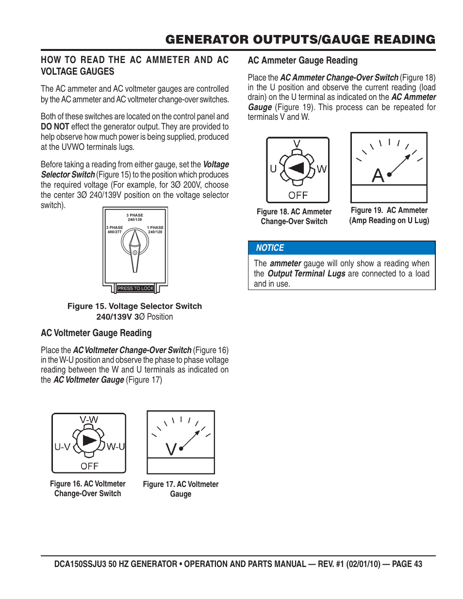 Generator outputs/gauge reading | Multiquip DCA150SSJU3 User Manual | Page 43 / 102