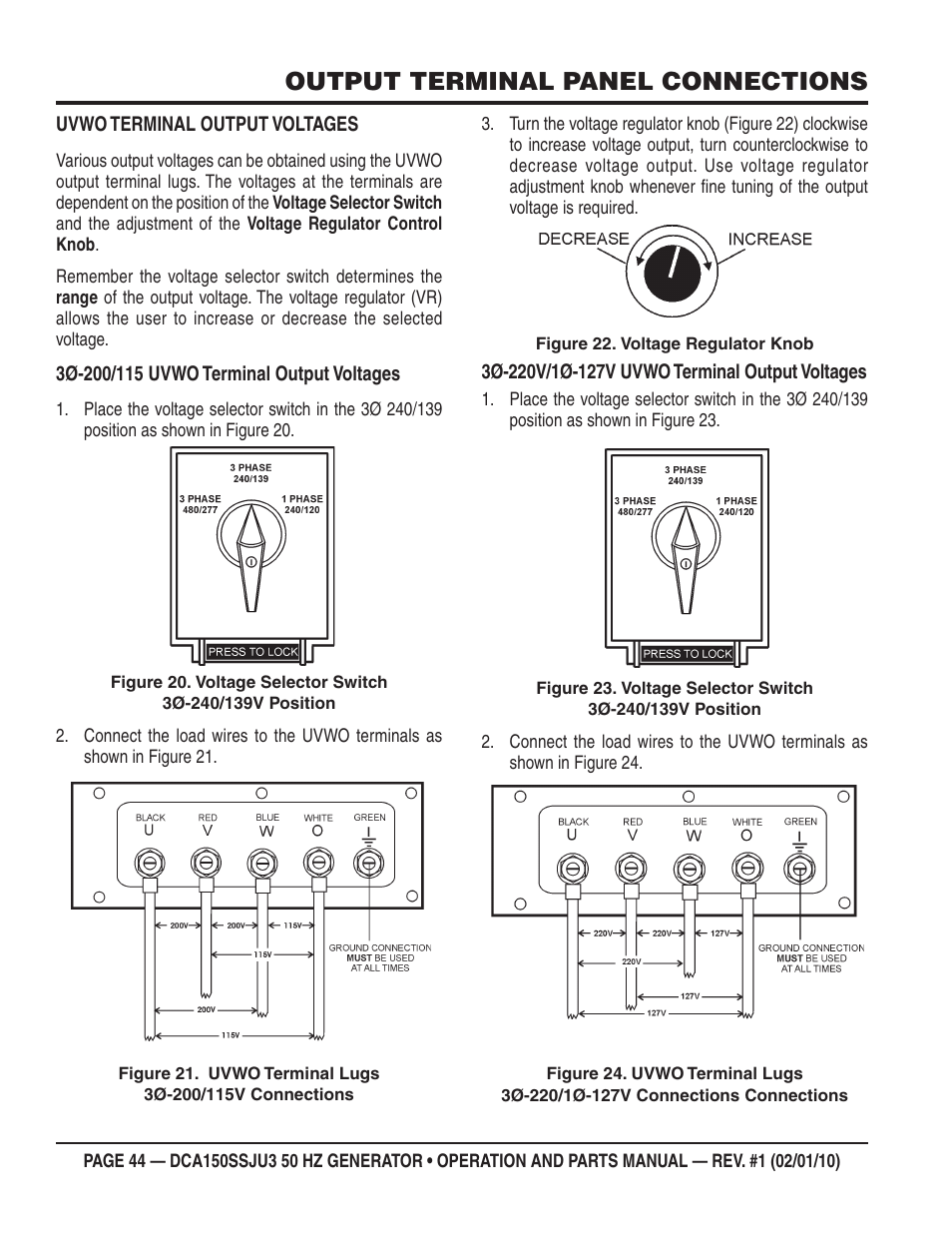 Output terminal panel connections | Multiquip DCA150SSJU3 User Manual | Page 44 / 102