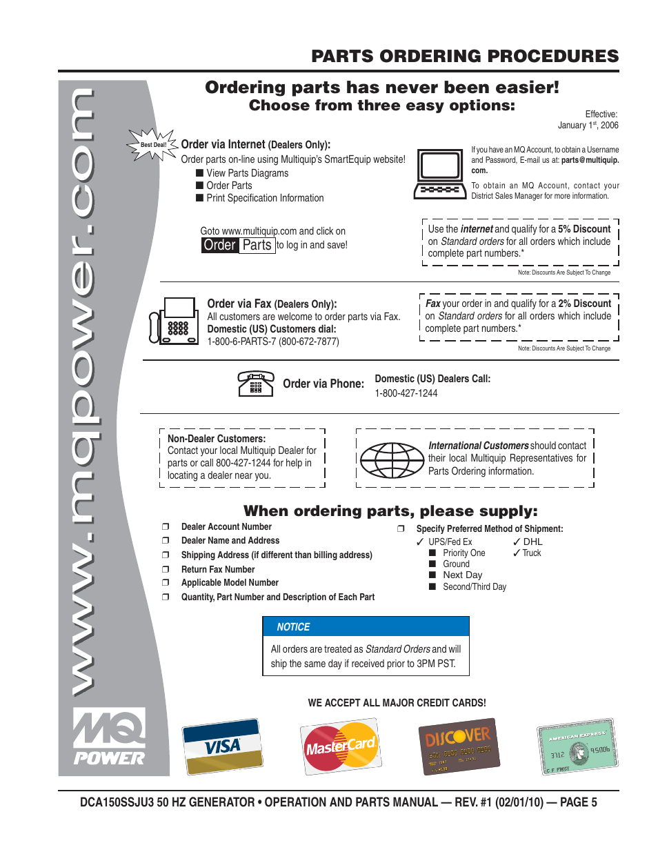 Parts ordering procedures, Ordering parts has never been easier | Multiquip DCA150SSJU3 User Manual | Page 5 / 102