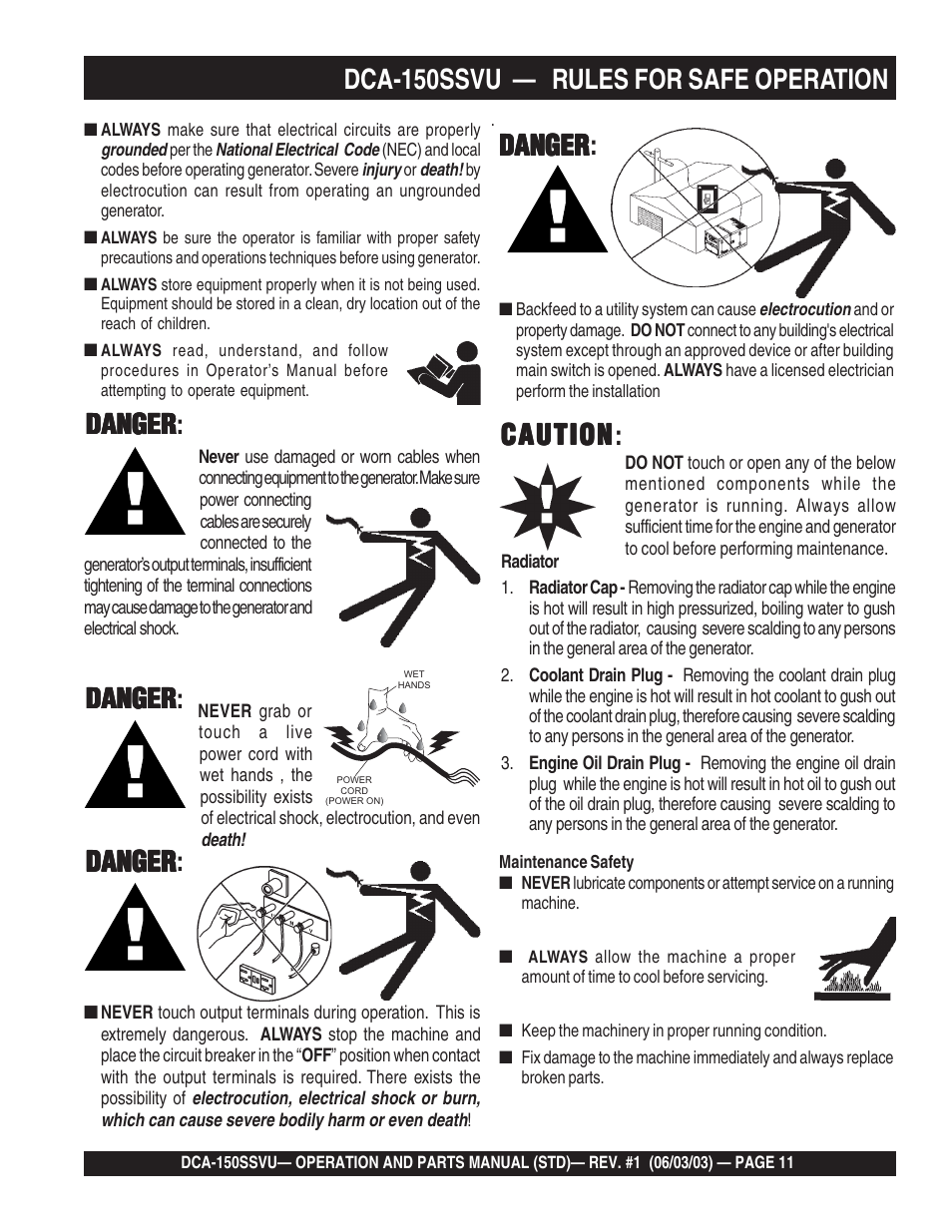 Dca-150ssvu — rules for safe operation, Caution, Caution caution | Danger, Danger danger: danger danger danger danger danger | Multiquip DCA150SSVU User Manual | Page 11 / 94