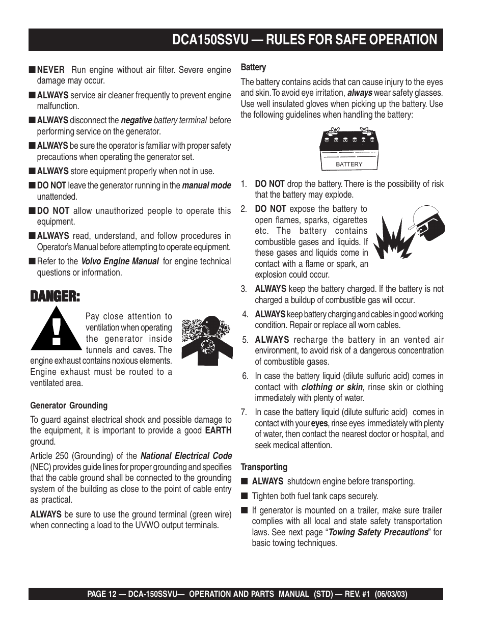 Dca150ssvu — rules for safe operation, Danger | Multiquip DCA150SSVU User Manual | Page 12 / 94