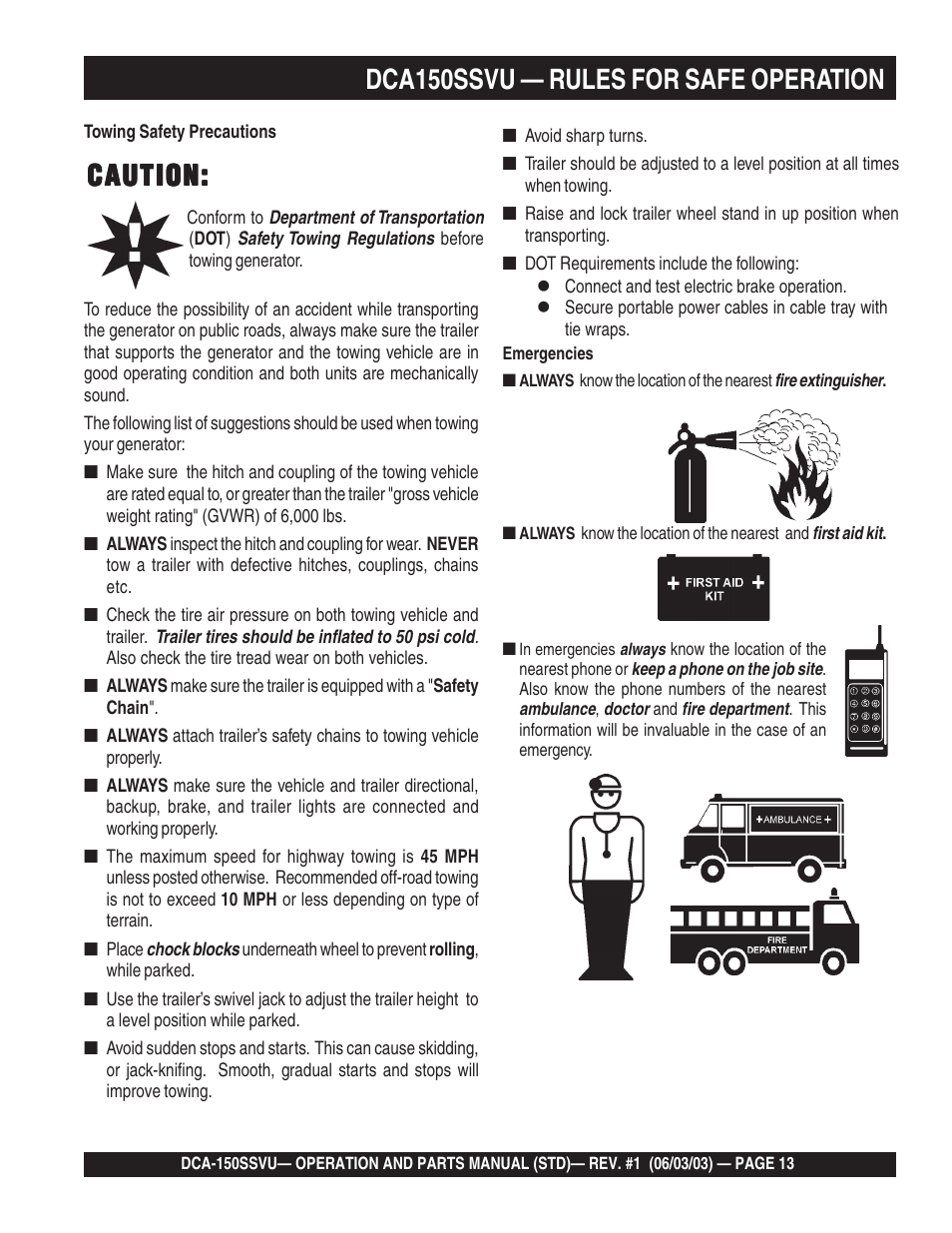 Caution, Dca150ssvu — rules for safe operation | Multiquip DCA150SSVU User Manual | Page 13 / 94