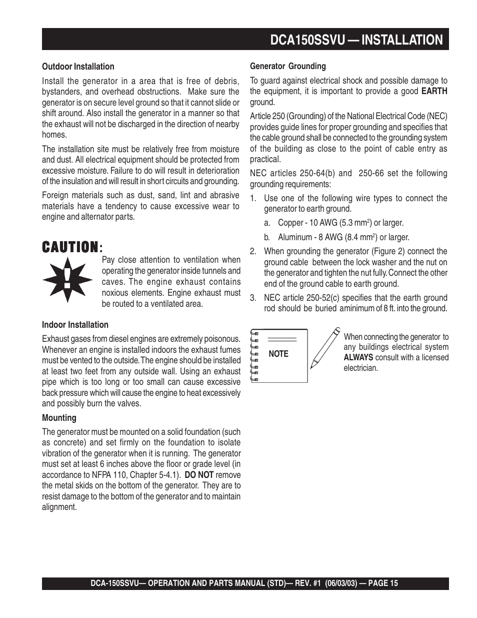 Dca150ssvu — installation, Caution, Caution caution | Multiquip DCA150SSVU User Manual | Page 15 / 94