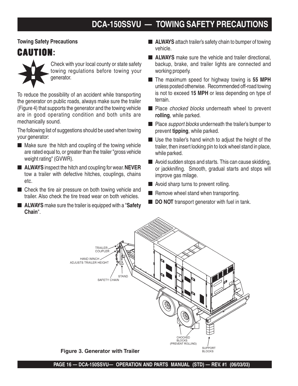 Caution, Caution caution, Dca-150ssvu — towing safety precautions | Multiquip DCA150SSVU User Manual | Page 16 / 94