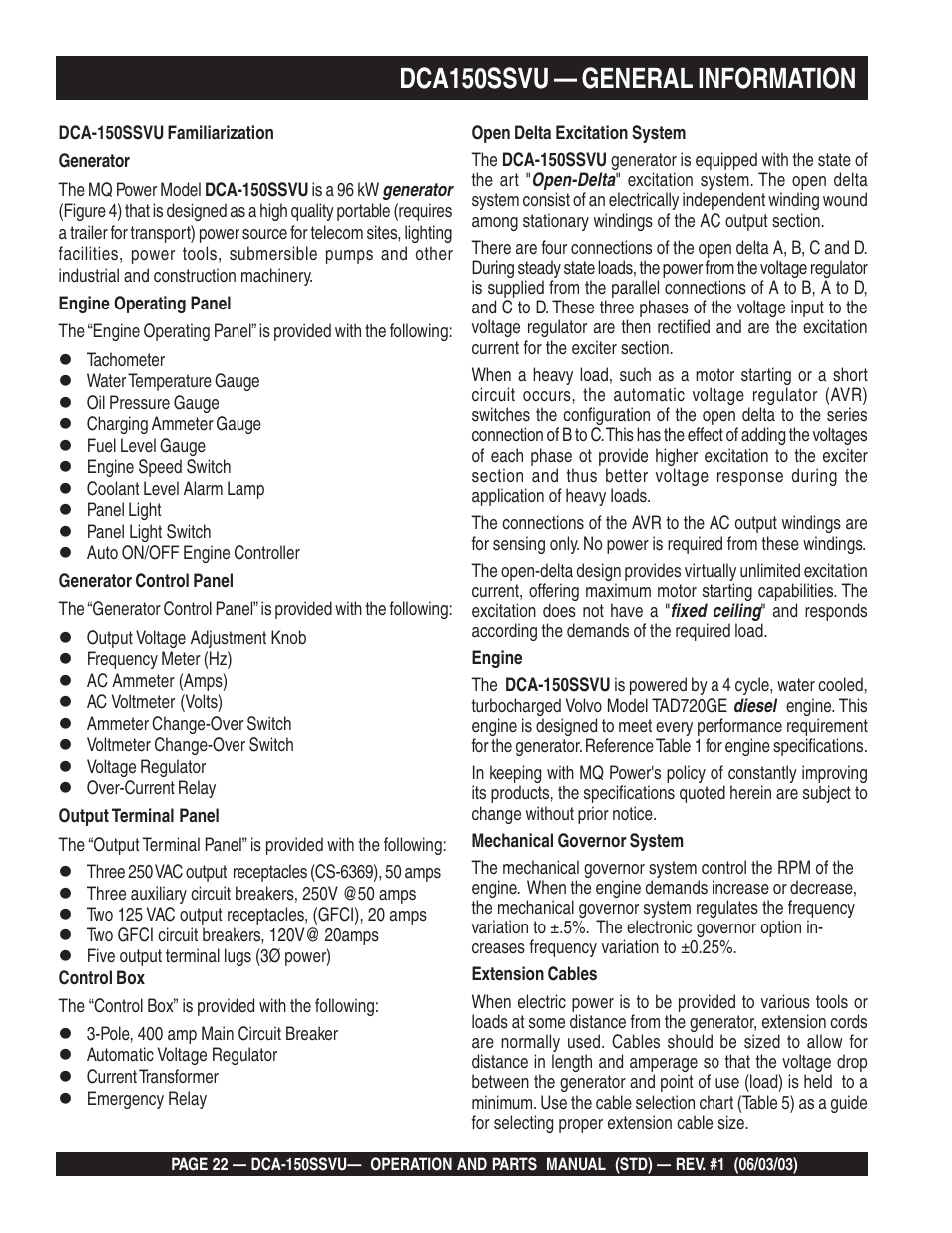 Dca150ssvu — general information | Multiquip DCA150SSVU User Manual | Page 22 / 94