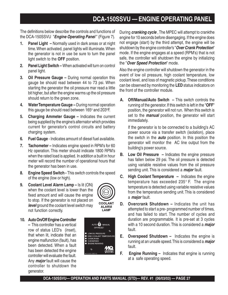 Dca-150ssvu — engine operating panel | Multiquip DCA150SSVU User Manual | Page 27 / 94
