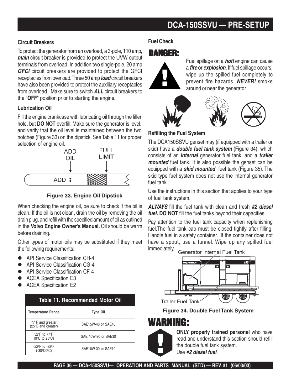 Warning, Dca-150ssvu — pre-setup, Danger | Fuel check | Multiquip DCA150SSVU User Manual | Page 36 / 94