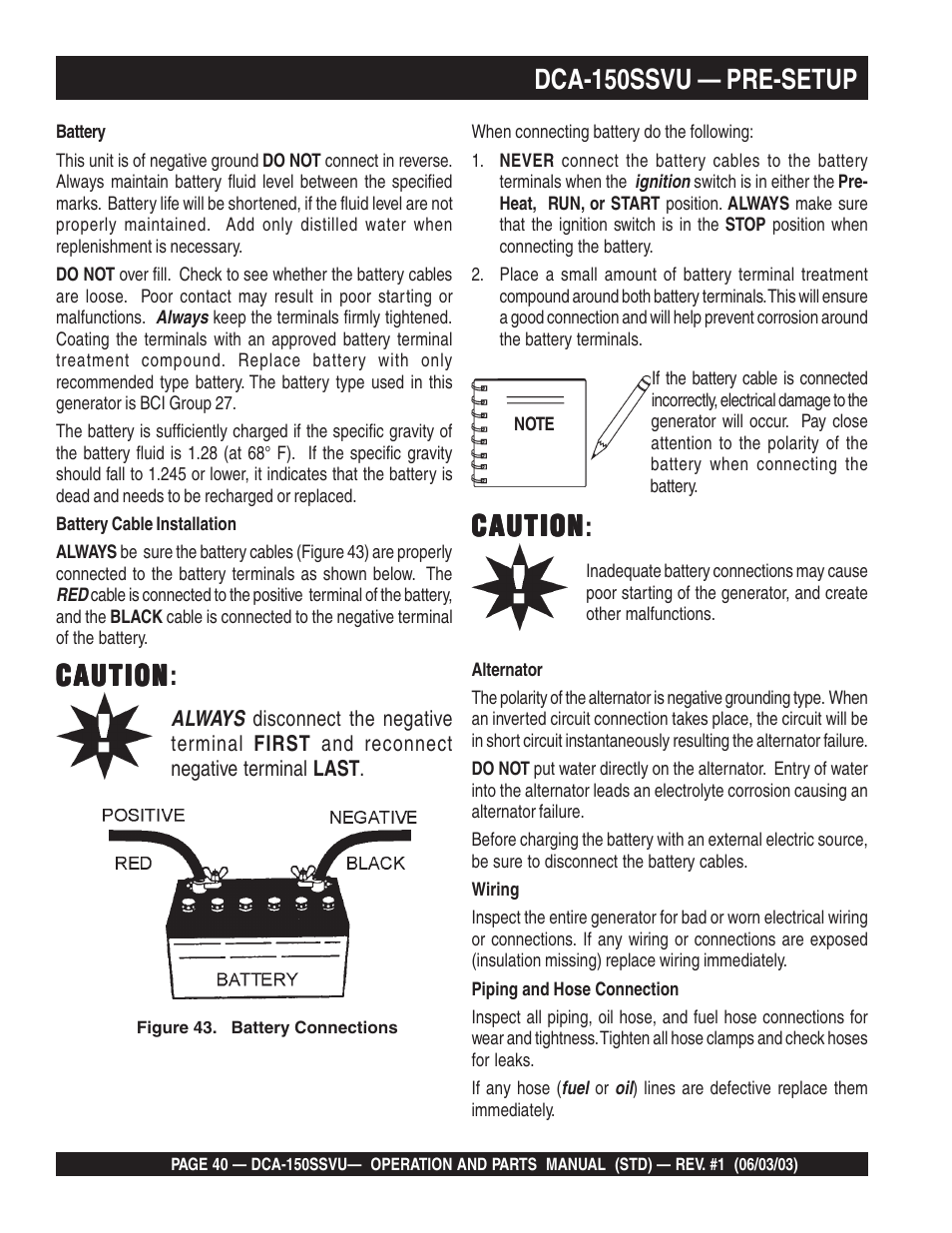 Dca-150ssvu — pre-setup, Caution, Caution caution | Multiquip DCA150SSVU User Manual | Page 40 / 94