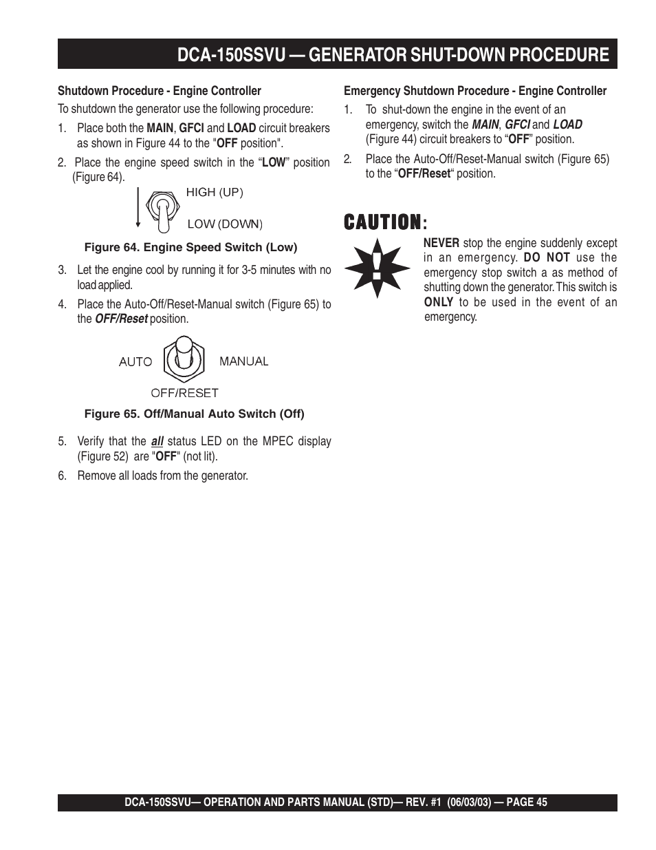 Caution, Caution caution, Dca-150ssvu — generator shut-down procedure | Multiquip DCA150SSVU User Manual | Page 45 / 94