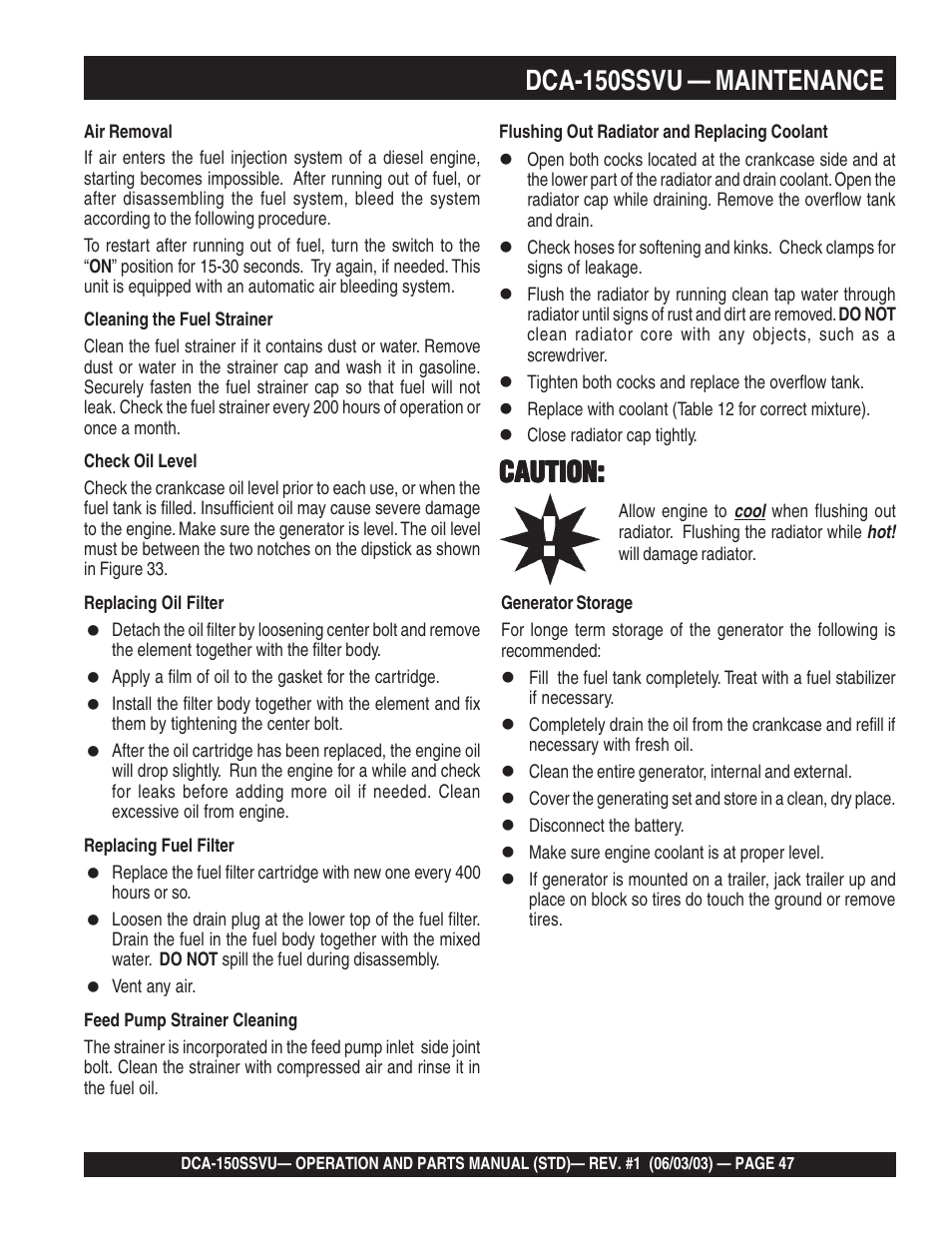 Dca-150ssvu — maintenance, Caution | Multiquip DCA150SSVU User Manual | Page 47 / 94