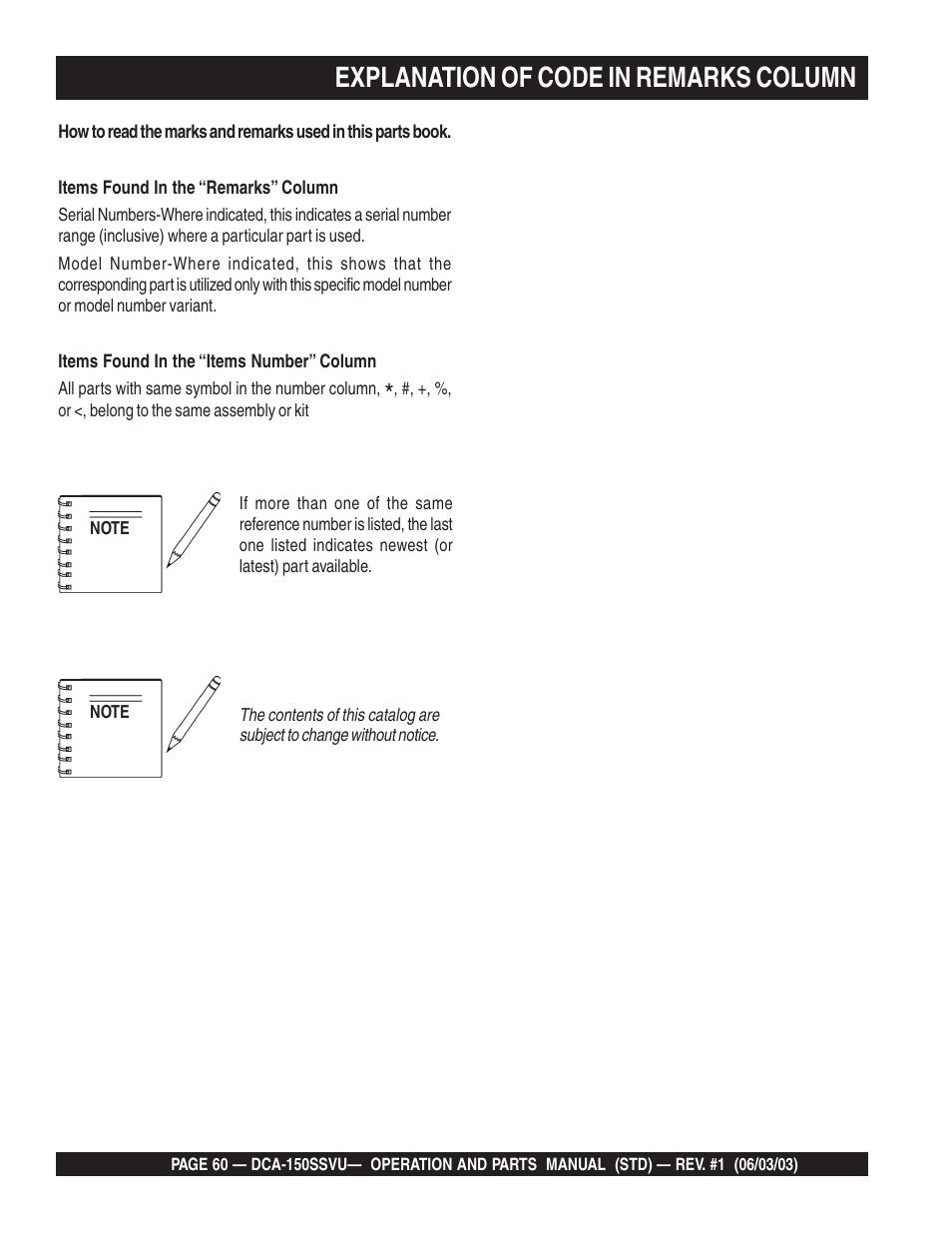 Explanation of code in remarks column | Multiquip DCA150SSVU User Manual | Page 60 / 94