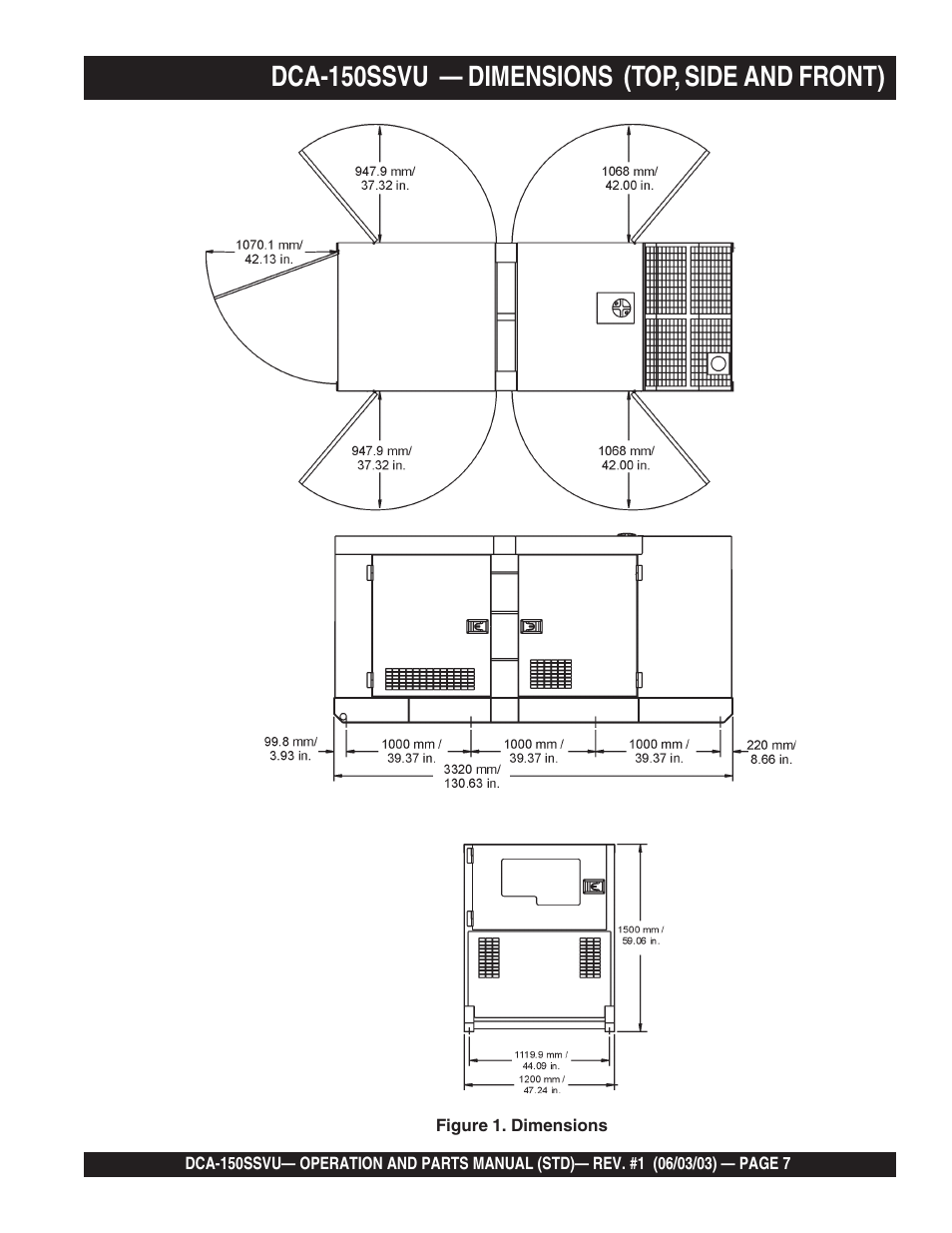 Dca-150ssvu — dimensions (top, side and front) | Multiquip DCA150SSVU User Manual | Page 7 / 94